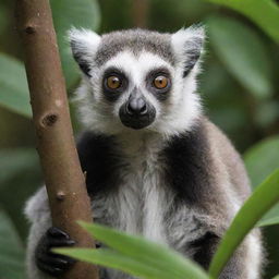 A lively lemur with expressive eyes and a long, striped tail, poised amidst lush, tropical foliage, where its distinct fur pattern stands out.