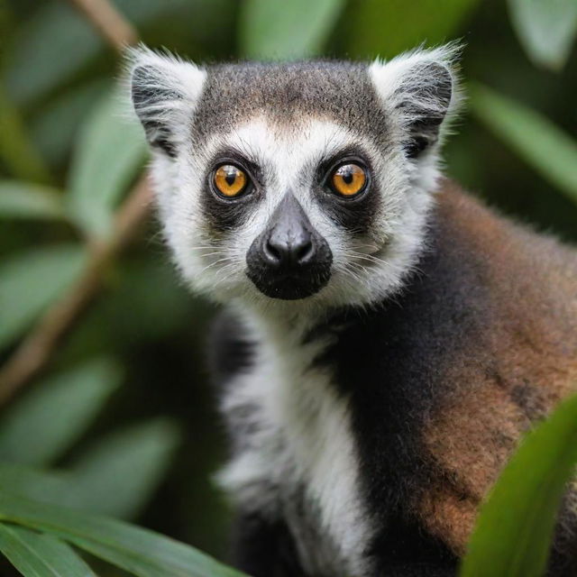 A lively lemur with expressive eyes and a long, striped tail, poised amidst lush, tropical foliage, where its distinct fur pattern stands out.