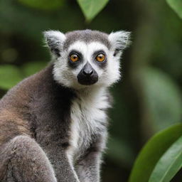 A lively lemur with expressive eyes and a long, striped tail, poised amidst lush, tropical foliage, where its distinct fur pattern stands out.