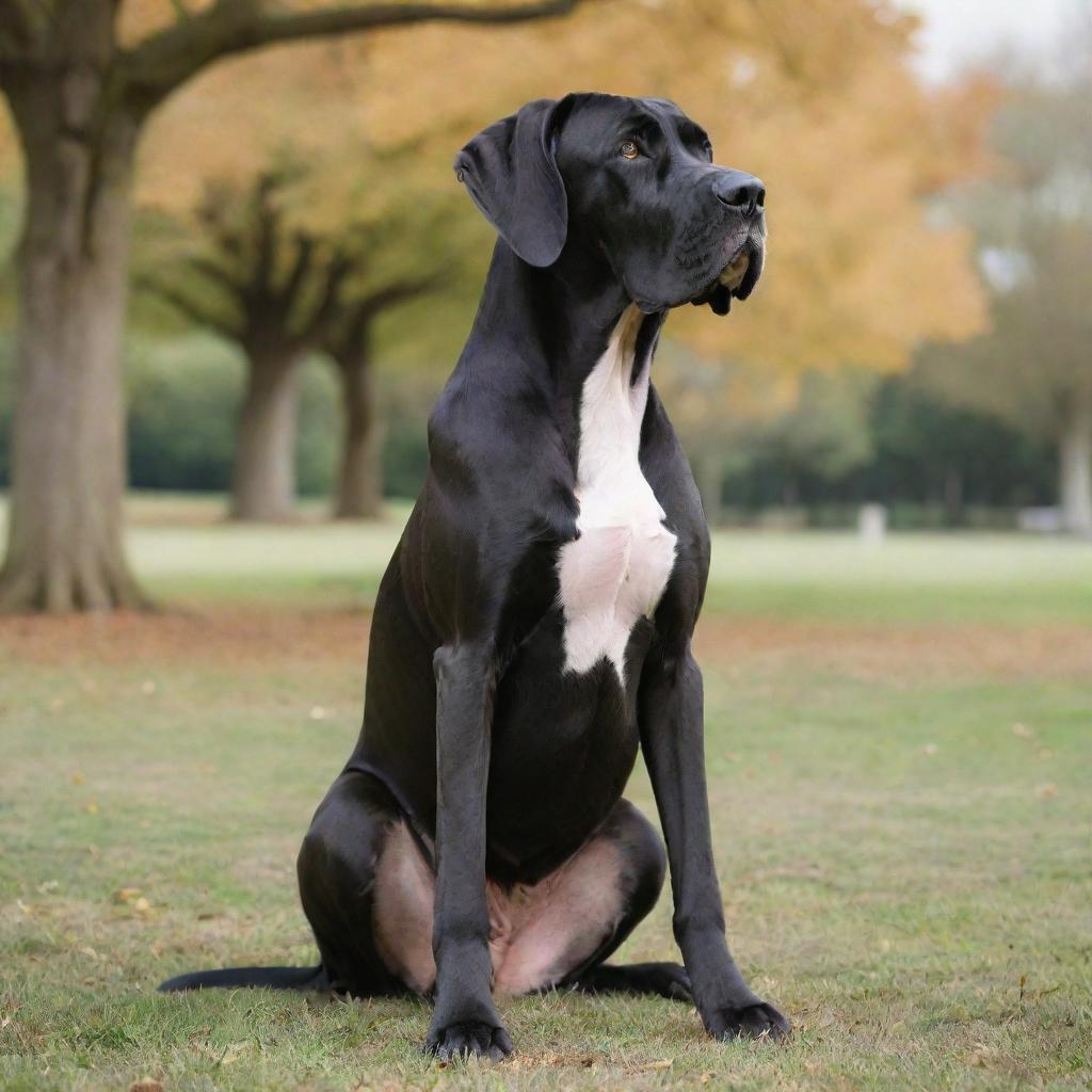 A majestic Great Dane sitting proudly with its glossy coat, large expressive eyes and regal stance against a serene park setting. Capture its friendly and elegant persona.