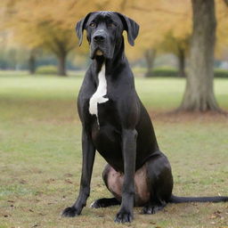 A majestic Great Dane sitting proudly with its glossy coat, large expressive eyes and regal stance against a serene park setting. Capture its friendly and elegant persona.