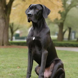 A majestic Great Dane sitting proudly with its glossy coat, large expressive eyes and regal stance against a serene park setting. Capture its friendly and elegant persona.