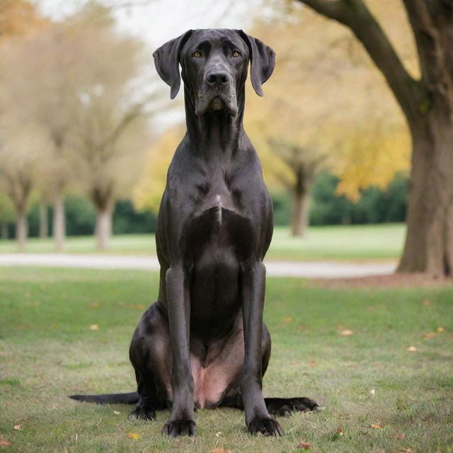 A majestic Great Dane sitting proudly with its glossy coat, large expressive eyes and regal stance against a serene park setting. Capture its friendly and elegant persona.