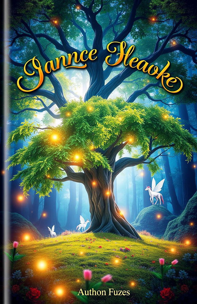 A stunning 3D book cover design featuring a mystical forest background with vibrant colors and ethereal lighting