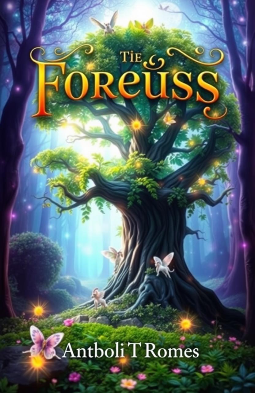 A stunning 3D book cover design featuring a mystical forest background with vibrant colors and ethereal lighting