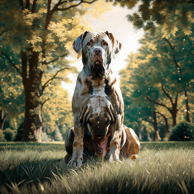 A majestic Great Dane sitting proudly in a serene park setting, its glossy coat shimmering under the soft sunlight. Its large expressive eyes reflect its gentle nature.