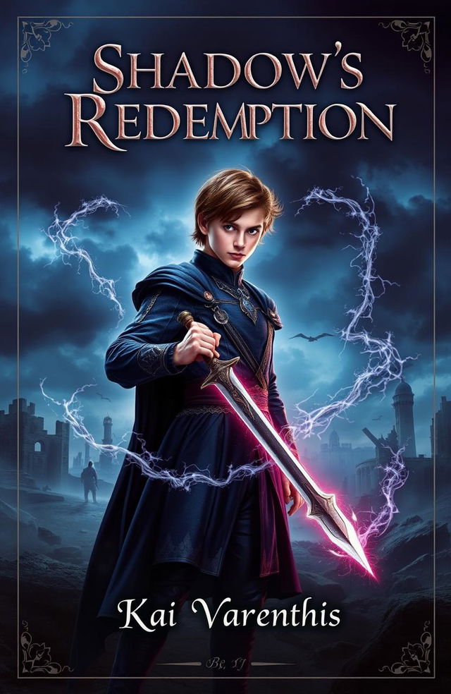 A captivating book cover for 'Shadow's Redemption' depicting a young prince, Kai Varenthis, with slight brownish hair, standing confidently, wielding a sword crackling with dark shadows