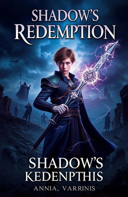 A captivating book cover for 'Shadow's Redemption' depicting a young prince, Kai Varenthis, with slight brownish hair, standing confidently, wielding a sword crackling with dark shadows