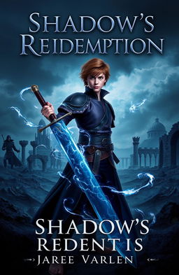 A captivating book cover for 'Shadow's Redemption' depicting a young prince, Kai Varenthis, with slight brownish hair, standing confidently, wielding a sword crackling with dark shadows