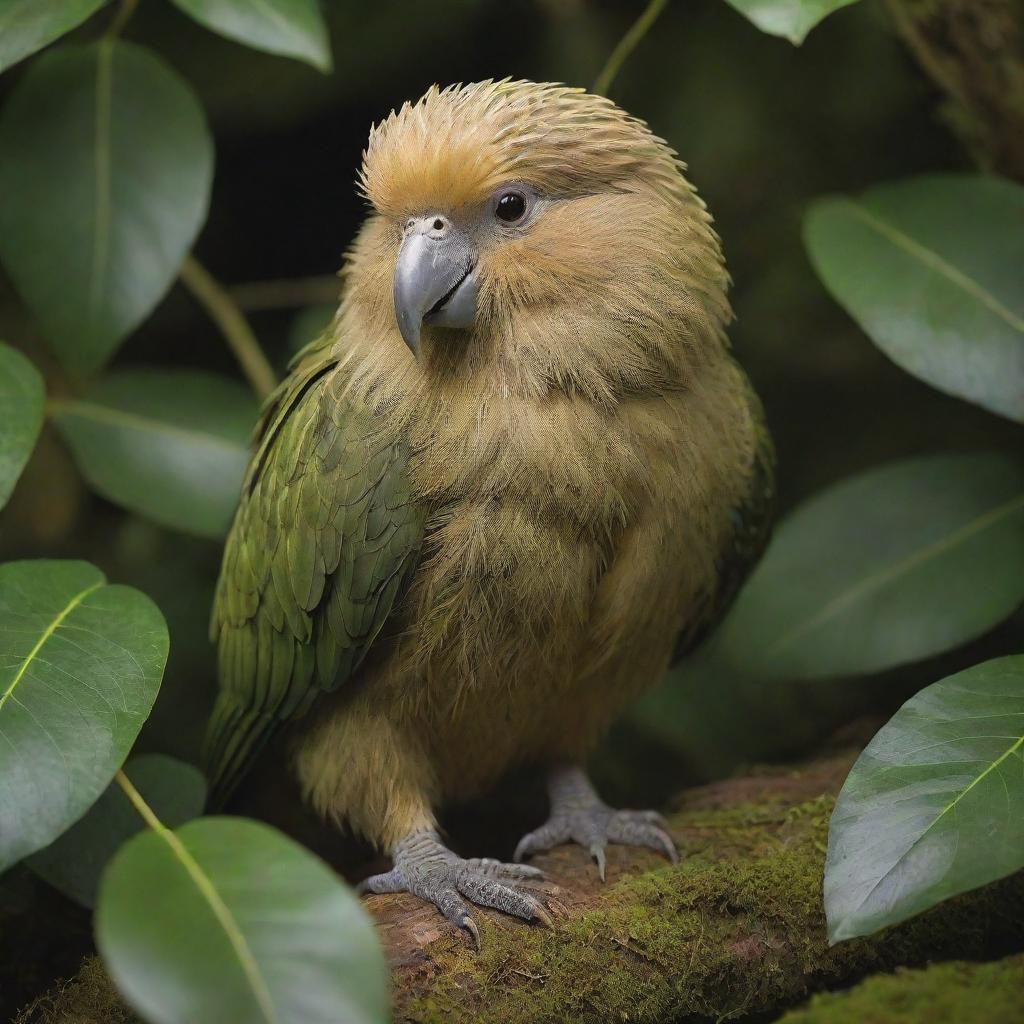 A Kakapo, a rare, flightless parrot, captured in rich detail. Illustrate its plump olive-green plumage, large eyes and short legs, blending in seamlessly with the lush New Zealand undergrowth.