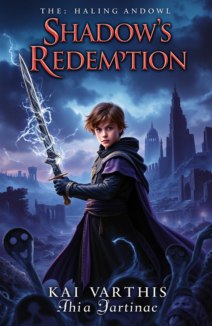 A captivating book cover for 'Shadow's Redemption' depicting a young prince, Kai Varenthis, with slight brownish hair, standing confidently, wielding a sword crackling with dark shadows