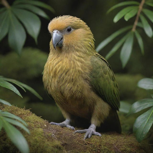 A Kakapo, a rare, flightless parrot, captured in rich detail. Illustrate its plump olive-green plumage, large eyes and short legs, blending in seamlessly with the lush New Zealand undergrowth.