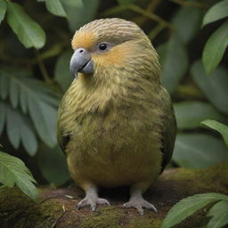 A Kakapo, a rare, flightless parrot, captured in rich detail. Illustrate its plump olive-green plumage, large eyes and short legs, blending in seamlessly with the lush New Zealand undergrowth.