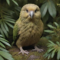 A Kakapo, a rare, flightless parrot, captured in rich detail. Illustrate its plump olive-green plumage, large eyes and short legs, blending in seamlessly with the lush New Zealand undergrowth.