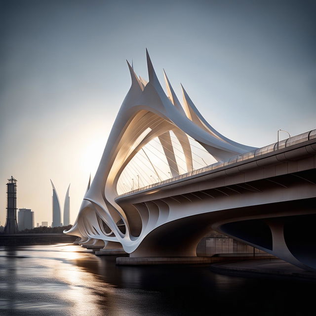 A futuristic cityscape featuring a Santiago Calatrava-inspired bridge with intriguing shadows cast by the sun on its concrete form. The sparkling river beneath complements the architectural marvel above. Captured with a professional camera set to manual mode, f/8, ISO 200.