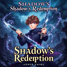 A captivating anime-style book cover for 'Shadow's Redemption' featuring a young prince, Kai Varenthis, with slight brownish hair, portrayed in a dynamic pose, confidently wielding a sword crackling with dark shadows