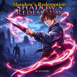 A captivating anime-style book cover for 'Shadow's Redemption' featuring a young prince, Kai Varenthis, with slight brownish hair, portrayed in a dynamic pose, confidently wielding a sword crackling with dark shadows