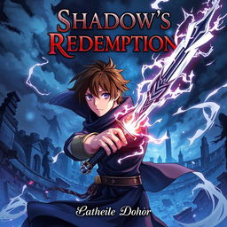 A captivating anime-style book cover for 'Shadow's Redemption' featuring a young prince, Kai Varenthis, with slight brownish hair, portrayed in a dynamic pose, confidently wielding a sword crackling with dark shadows