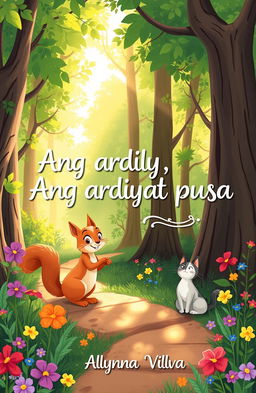 A whimsical and light-hearted illustration featuring a cheerful squirrel and a friendly cat in a sunny forest setting