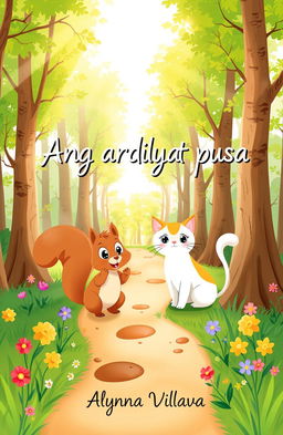 A whimsical and light-hearted illustration featuring a cheerful squirrel and a friendly cat in a sunny forest setting