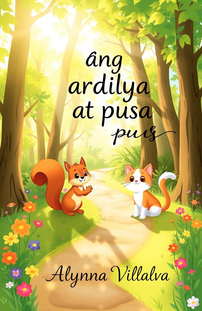 A whimsical and light-hearted illustration featuring a cheerful squirrel and a friendly cat in a sunny forest setting