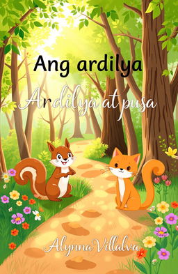 A whimsical and light-hearted illustration featuring a cheerful squirrel and a friendly cat in a sunny forest setting