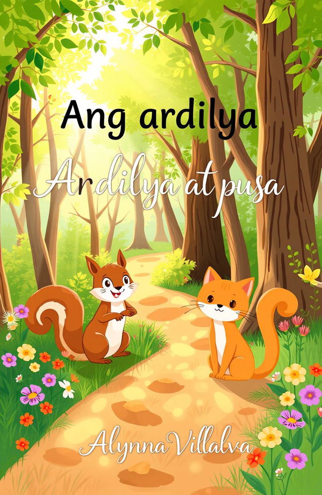 A whimsical and light-hearted illustration featuring a cheerful squirrel and a friendly cat in a sunny forest setting