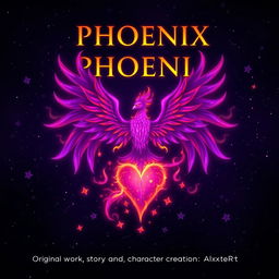 A powerful purple fire phoenix depicted at the center of the image, its wings outstretched and flames flickering beautifully around it