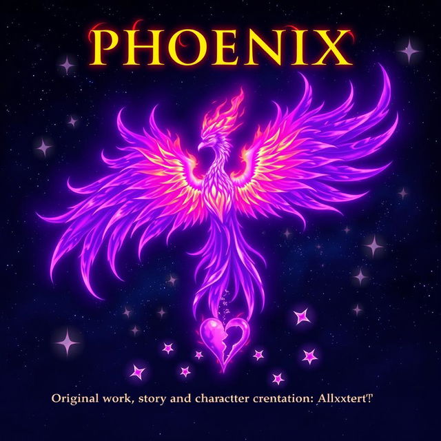 A powerful purple fire phoenix depicted at the center of the image, its wings outstretched and flames flickering beautifully around it