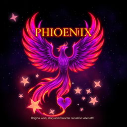 A powerful purple fire phoenix depicted at the center of the image, its wings outstretched and flames flickering beautifully around it