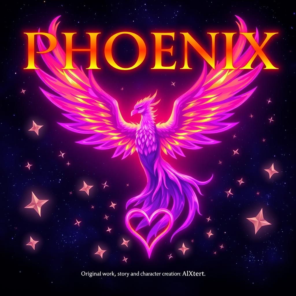 A powerful purple fire phoenix depicted at the center of the image, its wings outstretched and flames flickering beautifully around it