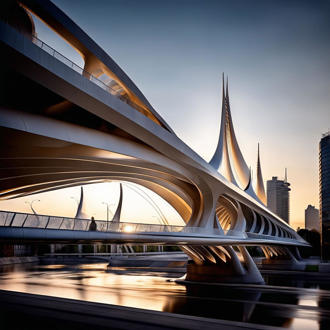 A futuristic cityscape featuring a Santiago Calatrava-inspired bridge with intriguing shadows cast by the sun on its concrete form. The sparkling river beneath complements the architectural marvel above. Captured with a professional camera set to manual mode, f/8, ISO 200.