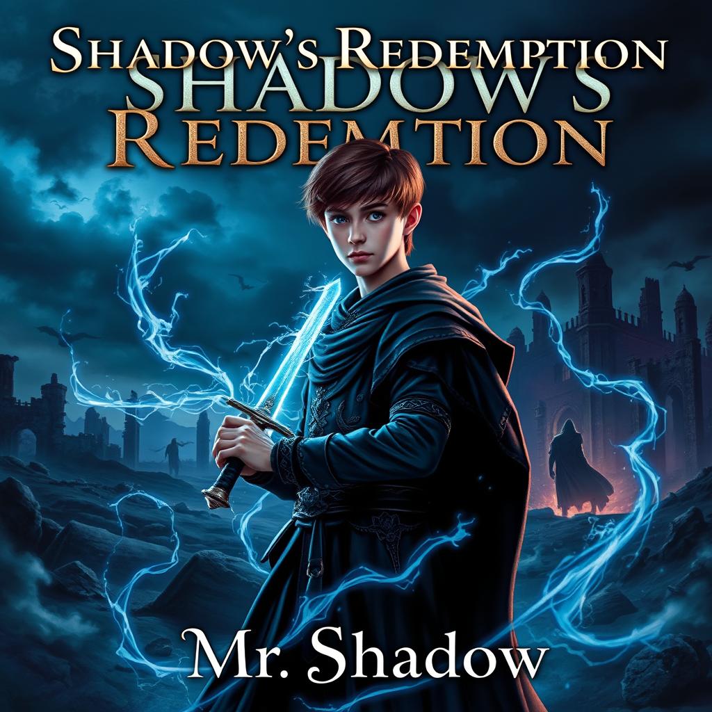 A captivating book cover for 'Shadow's Redemption' depicting a young prince, Kai Varenthis, with slight brownish hair, standing confidently, wielding a sword crackling with light blue shadows