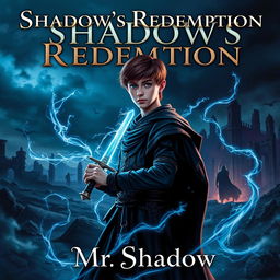 A captivating book cover for 'Shadow's Redemption' depicting a young prince, Kai Varenthis, with slight brownish hair, standing confidently, wielding a sword crackling with light blue shadows