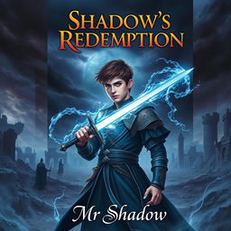A captivating book cover for 'Shadow's Redemption' depicting a young prince, Kai Varenthis, with slight brownish hair, standing confidently, wielding a sword crackling with light blue shadows