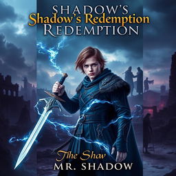 A captivating book cover for 'Shadow's Redemption' depicting a young prince, Kai Varenthis, with slight brownish hair, standing confidently, wielding a sword crackling with light blue shadows