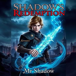 A captivating book cover for 'Shadow's Redemption' depicting a young prince, Kai Varenthis, with slight brownish hair, standing confidently, wielding a sword crackling with light blue shadows