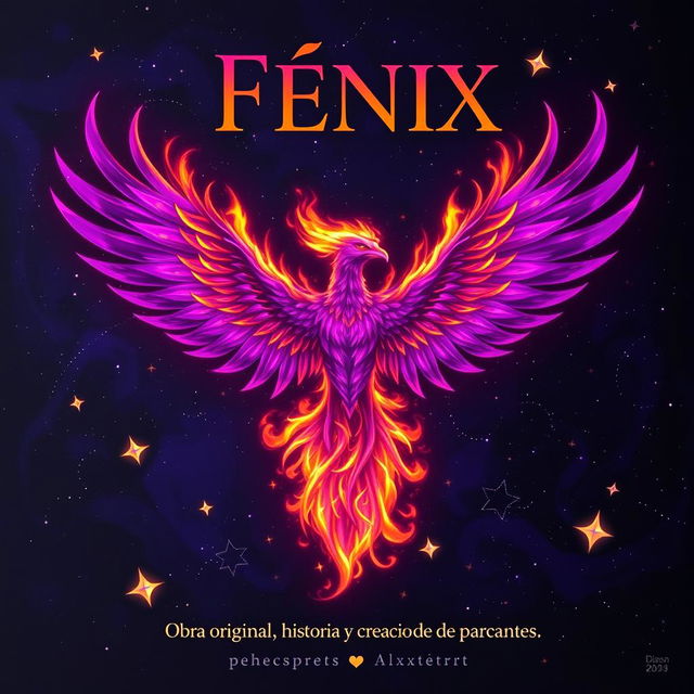 A powerful purple fire phoenix depicted at the center of the image, its wings outstretched and flames flickering beautifully around it