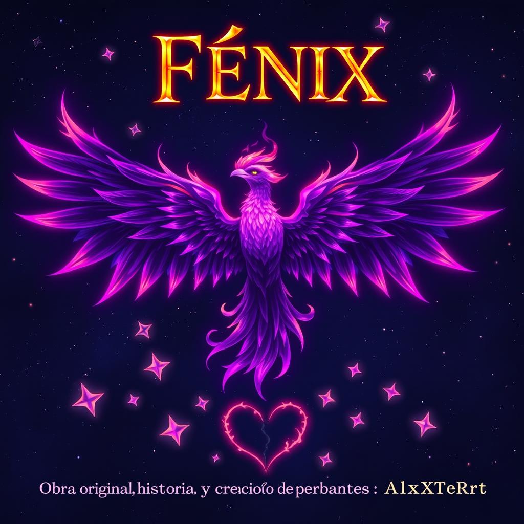 A powerful purple fire phoenix depicted at the center of the image, its wings outstretched and flames flickering beautifully around it