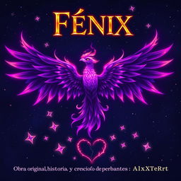 A powerful purple fire phoenix depicted at the center of the image, its wings outstretched and flames flickering beautifully around it