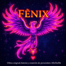 A powerful purple fire phoenix depicted at the center of the image, its wings outstretched and flames flickering beautifully around it