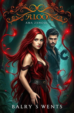 A romantic fantasy book cover featuring a young, powerful sorceress with the ability to manipulate blood