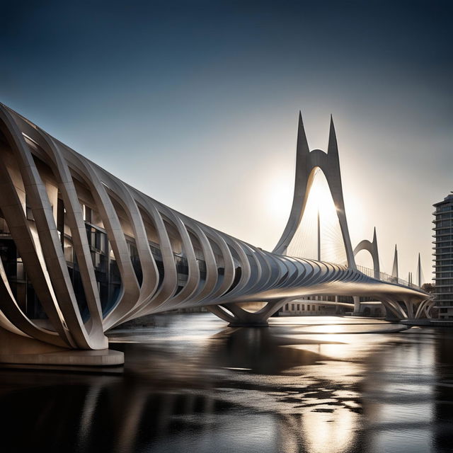 A futuristic cityscape featuring a Santiago Calatrava-inspired bridge with intriguing shadows cast by the sun on its concrete form. The sparkling river beneath complements the architectural marvel above. Captured with a professional camera set to manual mode, f/8, ISO 200.