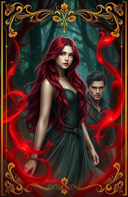 A romantic fantasy book cover featuring a young, powerful sorceress with the ability to manipulate blood