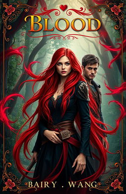 A romantic fantasy book cover featuring a young, powerful sorceress with the ability to manipulate blood