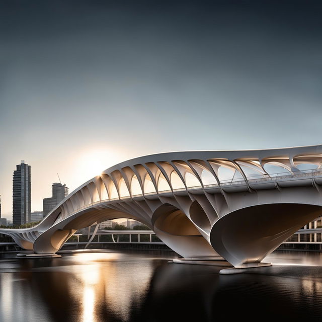 A futuristic cityscape featuring a Santiago Calatrava-inspired bridge with intriguing shadows cast by the sun on its concrete form. The sparkling river beneath complements the architectural marvel above. Captured with a professional camera set to manual mode, f/8, ISO 200.