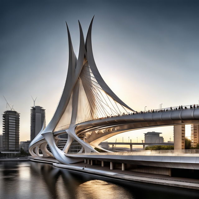 A futuristic cityscape featuring a Santiago Calatrava-inspired bridge with intriguing shadows cast by the sun on its concrete form. The sparkling river beneath complements the architectural marvel above. Captured with a professional camera set to manual mode, f/8, ISO 200.