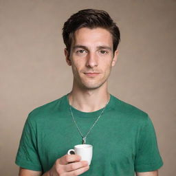 Upper body of a 25-year-old Swiss male. He has an angular oval face, short medium brown hair styled with a middle parting. Brown eyes, strong eyebrows, light freckled skin with a short beard. He is wearing a green T-shirt and a silver bull's head necklace. He is holding a white espresso cup and is set against a backdrop of office desks.