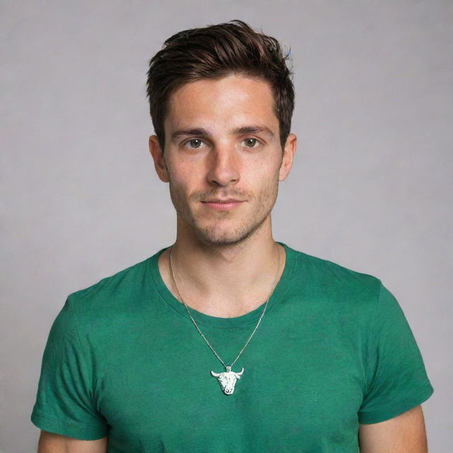 Upper body of a 25-year-old Swiss male. He has an angular oval face, short medium brown hair styled with a middle parting. Brown eyes, strong eyebrows, light freckled skin with a short beard. He is wearing a green T-shirt and a silver bull's head necklace. He is holding a white espresso cup and is set against a backdrop of office desks.