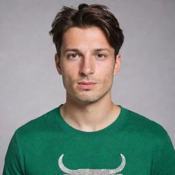 Upper body of a 25-year-old Swiss male. He has an angular oval face, short medium brown hair styled with a middle parting. Brown eyes, strong eyebrows, light freckled skin with a short beard. He is wearing a green T-shirt and a silver bull's head necklace. He is holding a white espresso cup and is set against a backdrop of office desks.